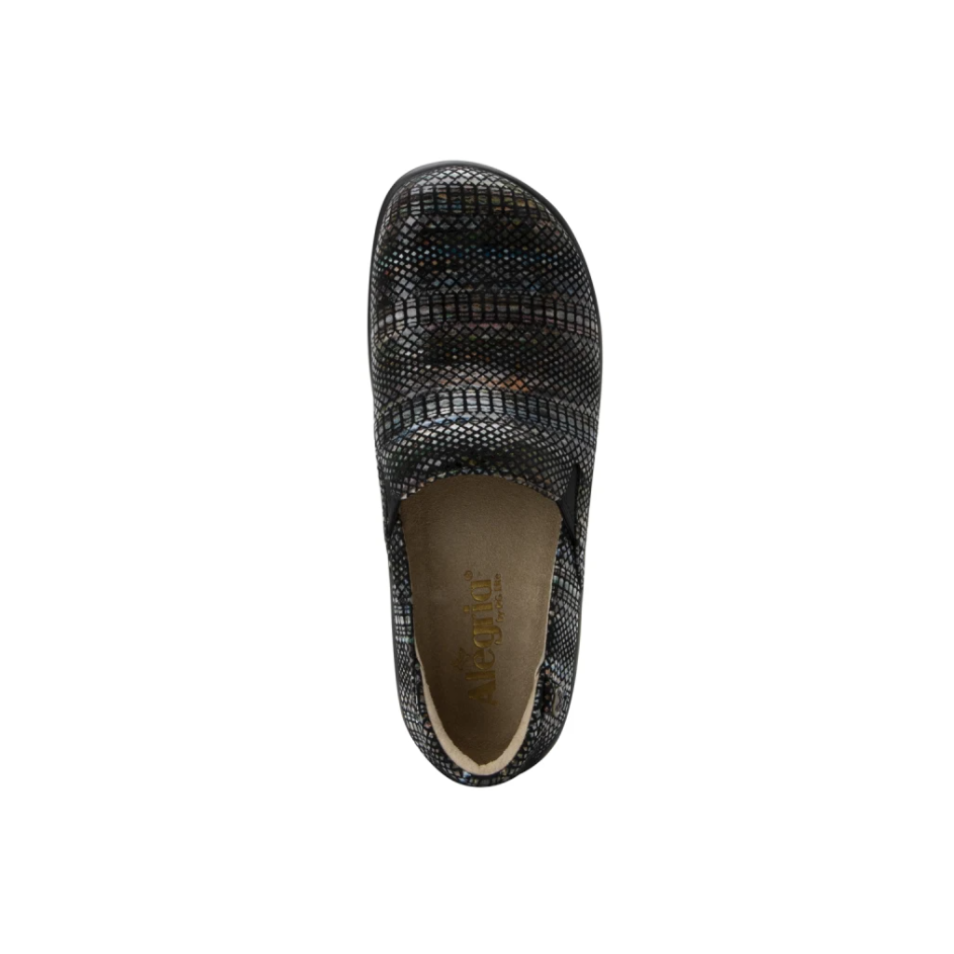 Top view of the Women’s Alegria Keli in Earthy Lux, displaying the slip-on design with twin goring, cushioned removable footbed, and supportive interior for all-day comfort.
