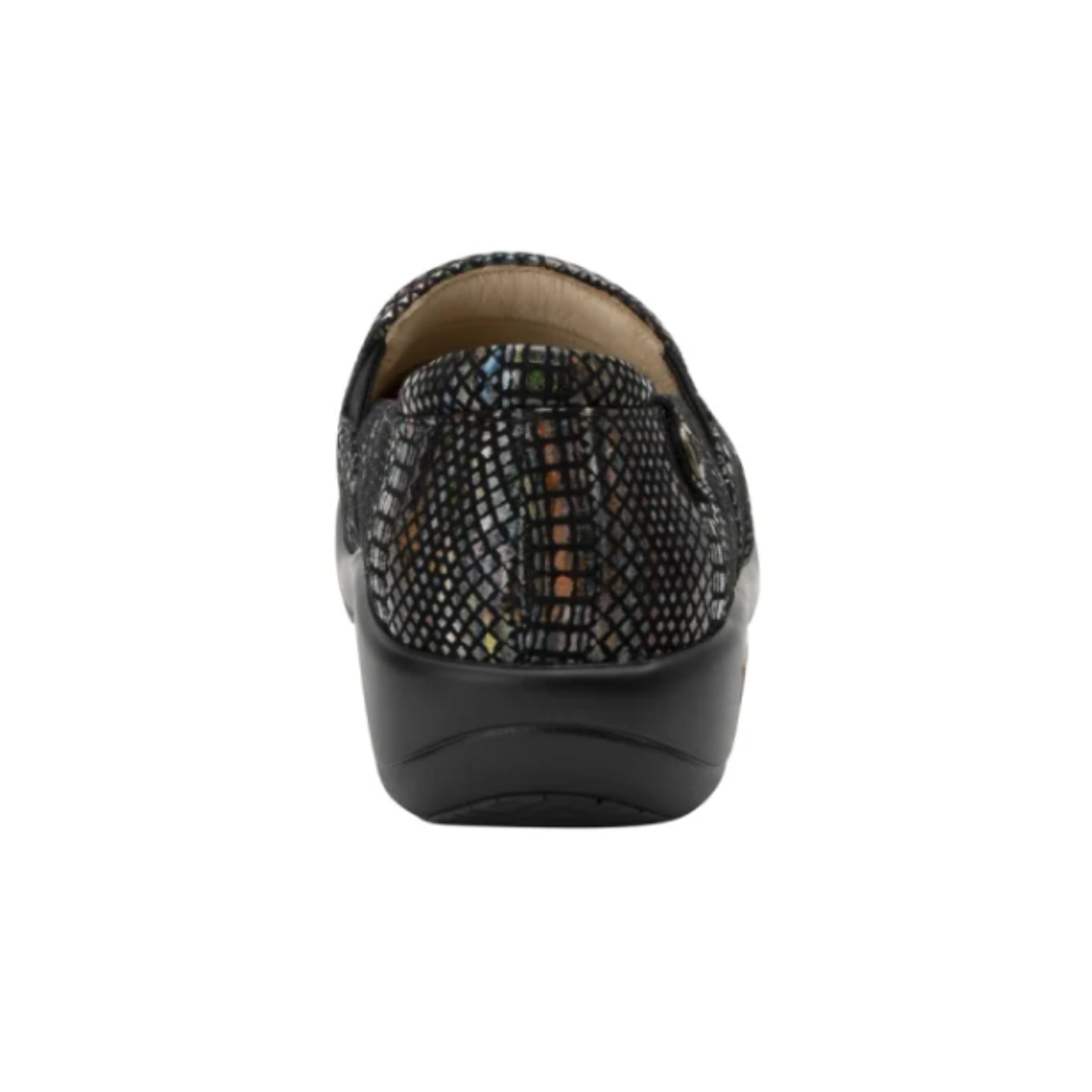 Heel view of the Women’s Alegria Keli in Earthy Lux, featuring the supportive heel structure, padded collar, and slip-resistant outsole for stability on slick surfaces.