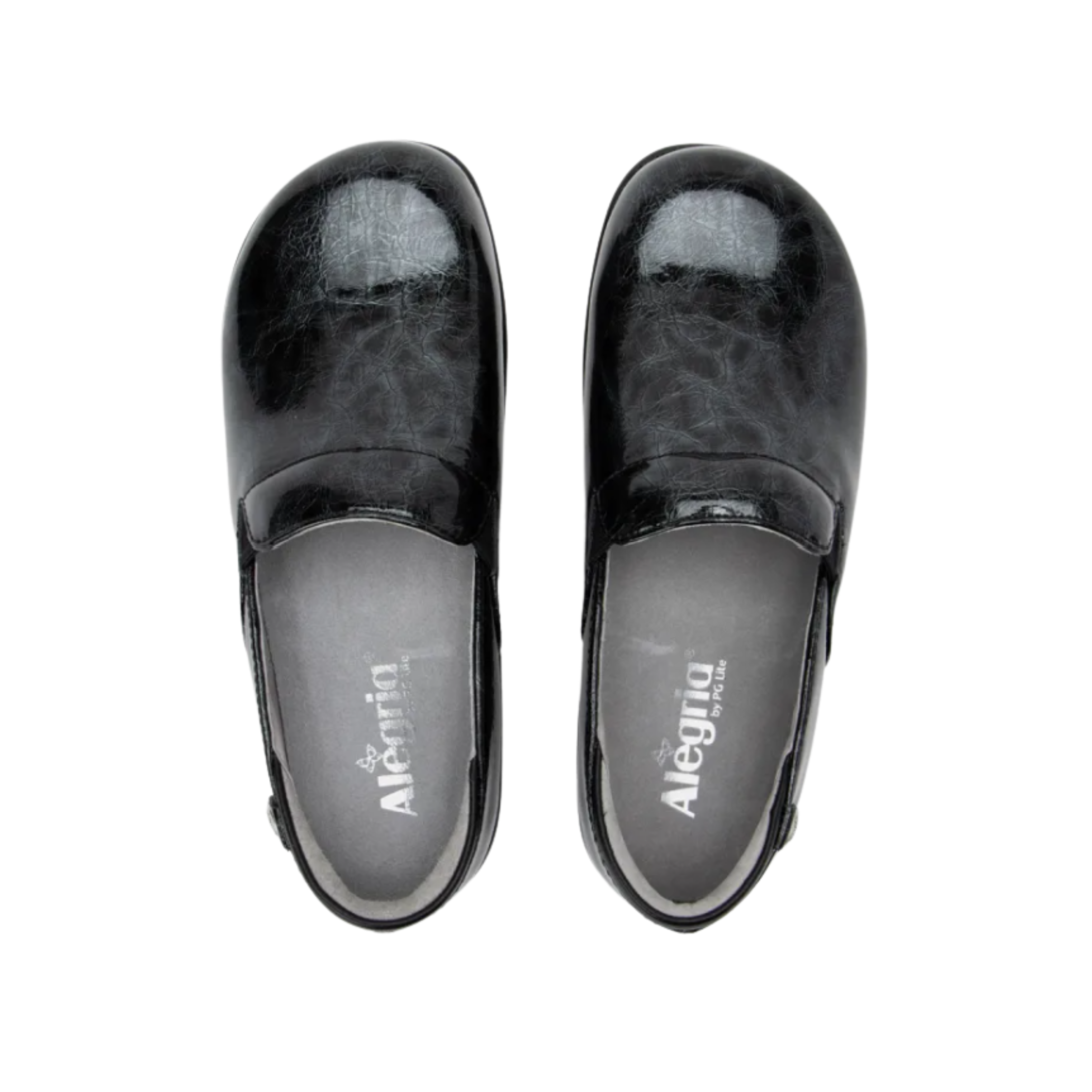 Alegria Women’s Keli Slip-On Shoe in Mantle top view showcasing the premium stain-resistant leather upper, twin elastic goring for easy on and off, removable Alegria footbed with cork, memory foam, and latex cushioning, and a spacious interior for exceptional arch support.