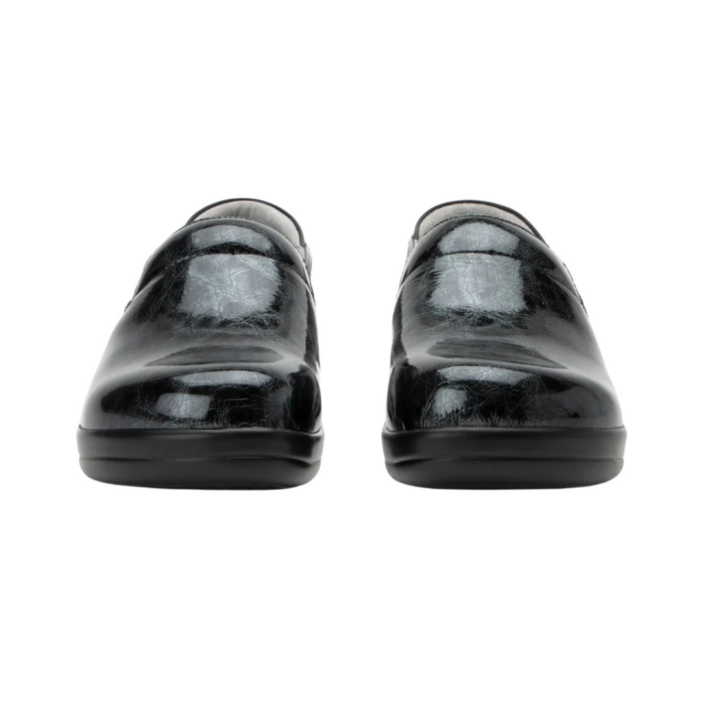 Alegria Women’s Keli Slip-On Shoe in Mantle front view highlighting the smooth leather upper, rounded roomy toe box, twin elastic gore panels, and classic slip-on design ideal for healthcare, culinary, hospitality, and service professionals.