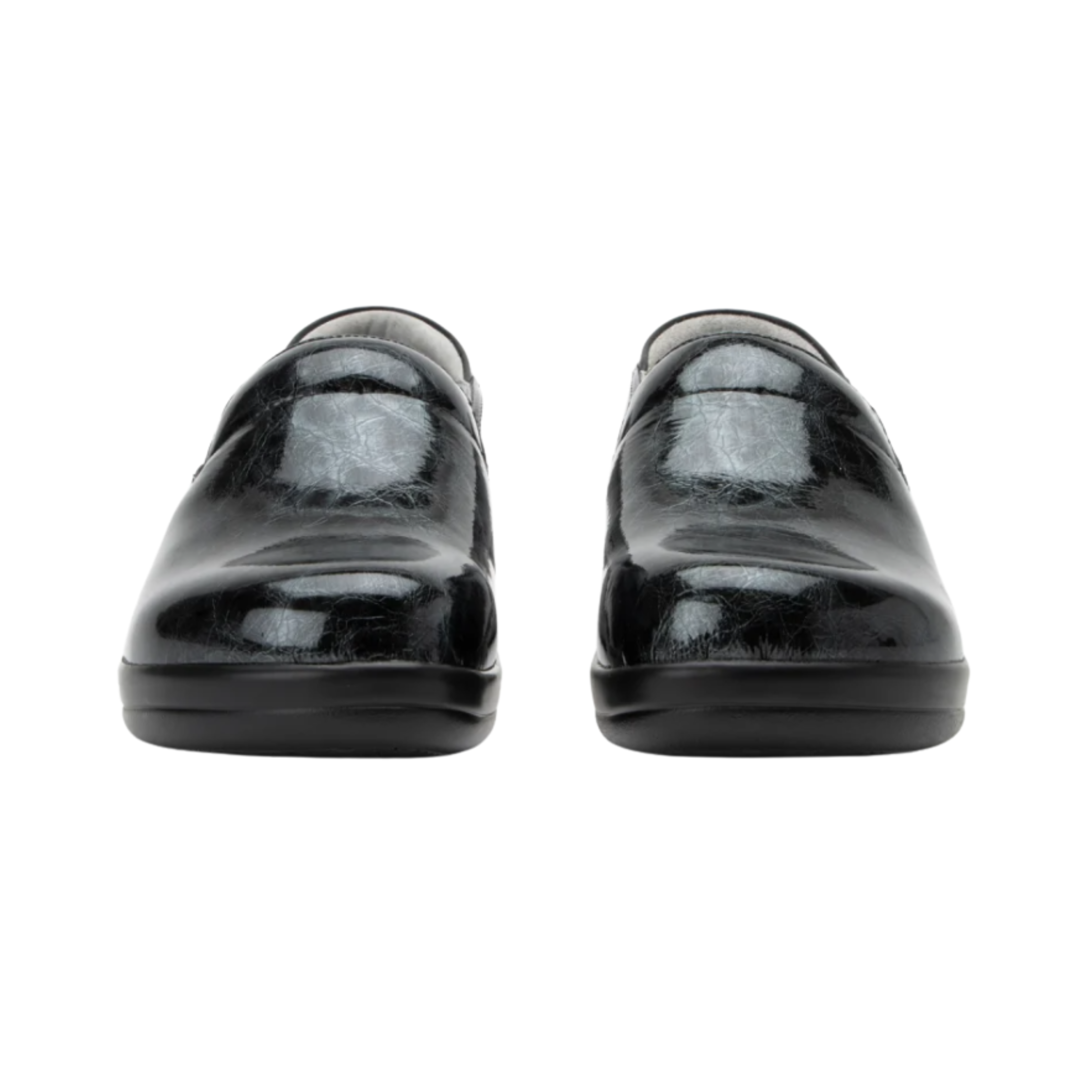 Alegria Women’s Keli Slip-On Shoe in Mantle front view highlighting the smooth leather upper, rounded roomy toe box, twin elastic gore panels, and classic slip-on design ideal for healthcare, culinary, hospitality, and service professionals.