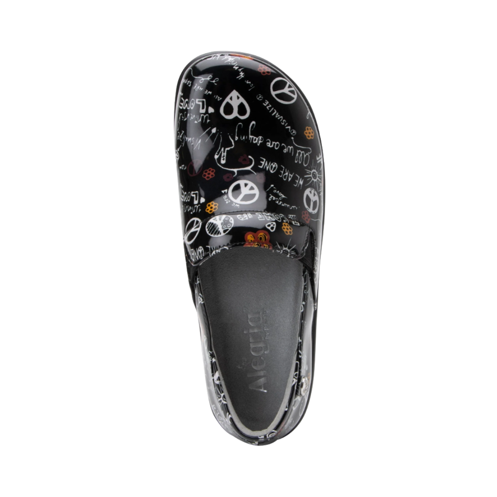 Alegria Women’s Keli Slip-On Shoe in Peace and Love top view showcasing the premium stain-resistant leather upper, twin elastic goring for easy on and off, removable Alegria footbed with cork, memory foam, and latex cushioning, and a spacious interior for exceptional arch support.