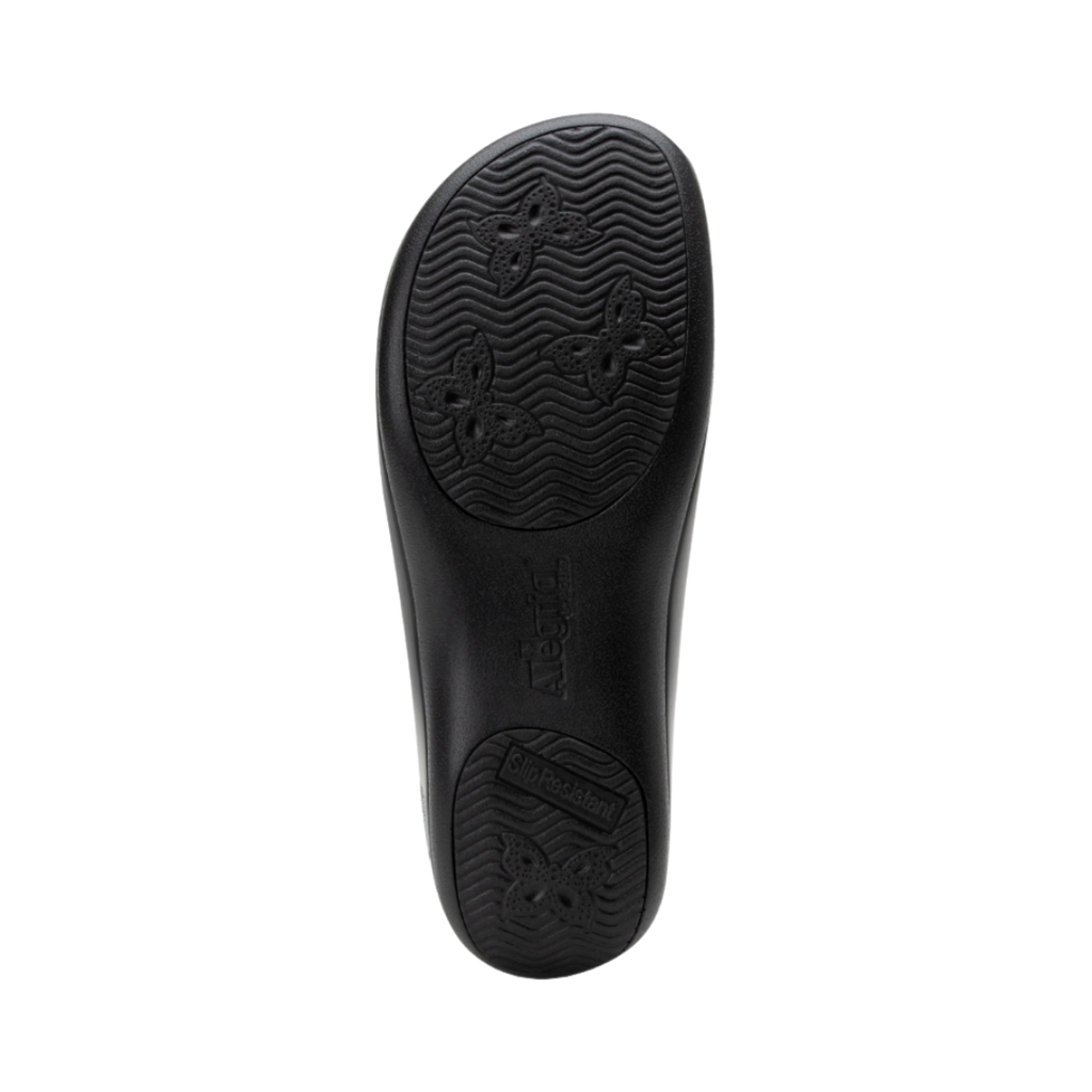 Alegria Women’s Keli Slip-On Shoe in Peace and Love bottom view featuring the slip-resistant outsole with mild rocker sole design engineered to provide dependable traction, encourage natural walking motion, and reduce foot and leg fatigue throughout the workday.