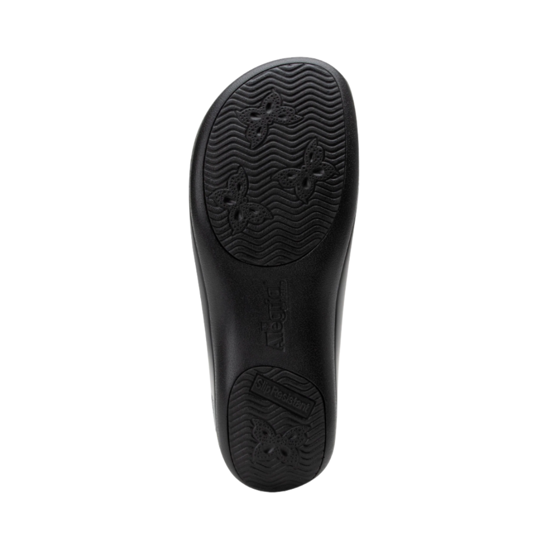Alegria Women’s Keli Slip-On Shoe in Peace and Love bottom view featuring the slip-resistant outsole with mild rocker sole design engineered to provide dependable traction, encourage natural walking motion, and reduce foot and leg fatigue throughout the workday.