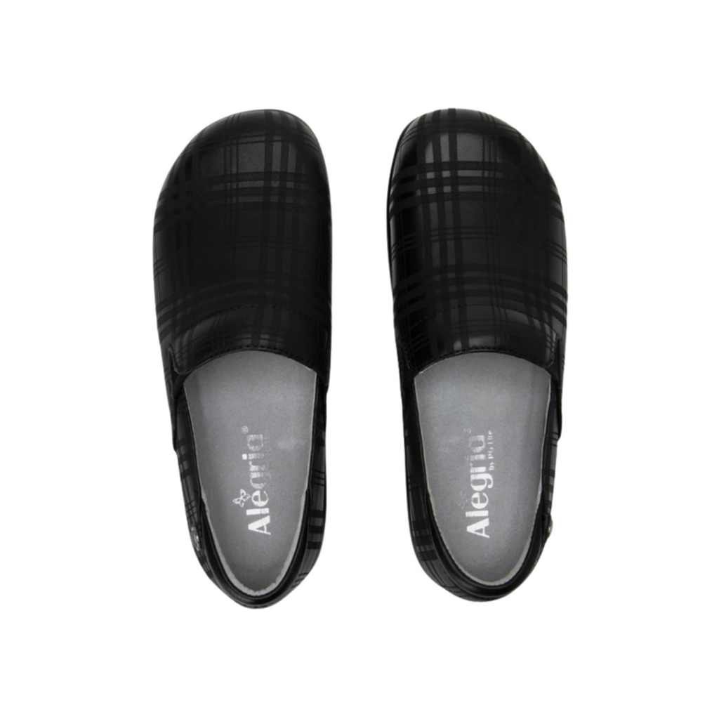 Top view of the Women’s Alegria Keli in Plaid to Meet You, displaying the slip-on design with twin goring, cushioned removable footbed, and supportive interior for all-day comfort.