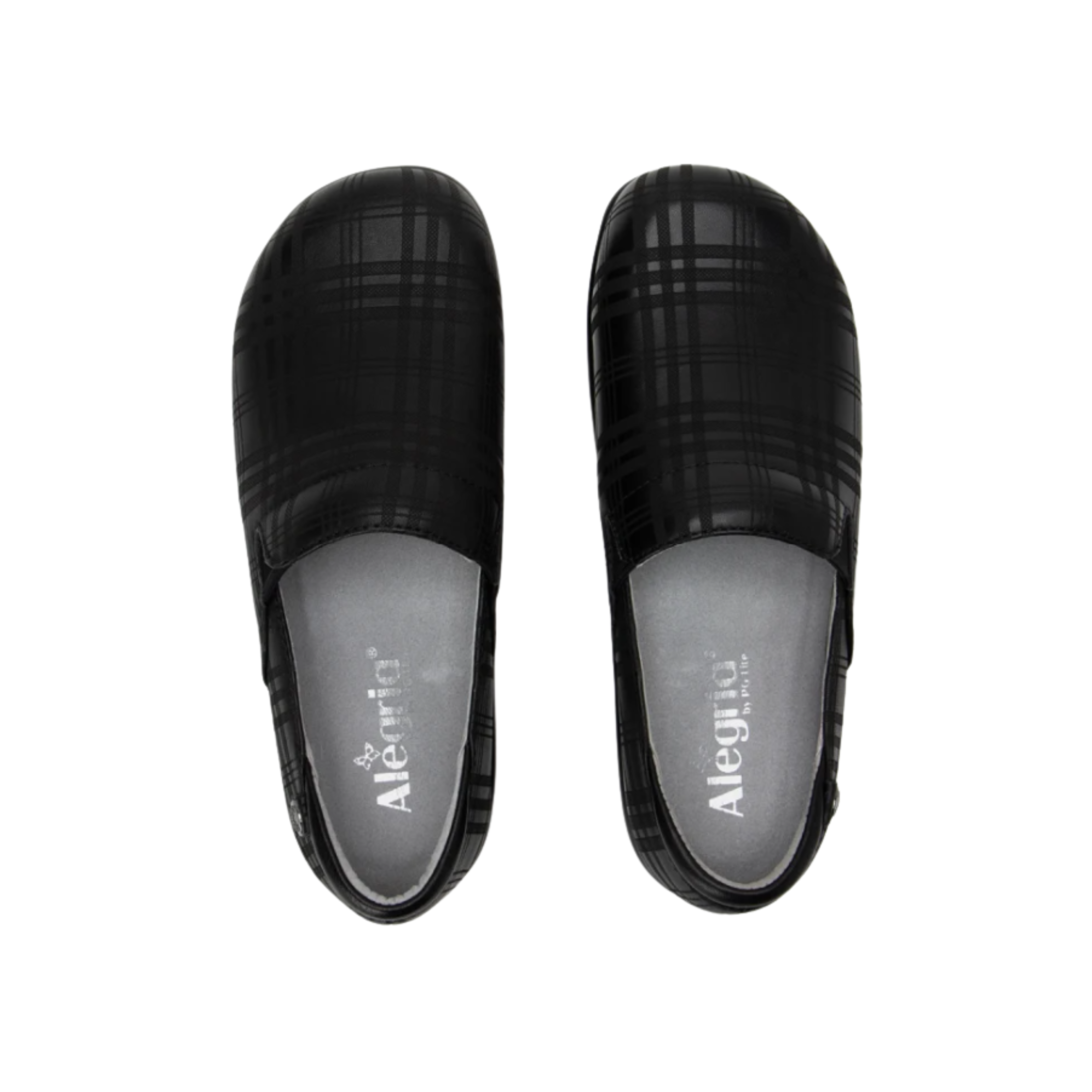 Top view of the Women’s Alegria Keli in Plaid to Meet You, displaying the slip-on design with twin goring, cushioned removable footbed, and supportive interior for all-day comfort.