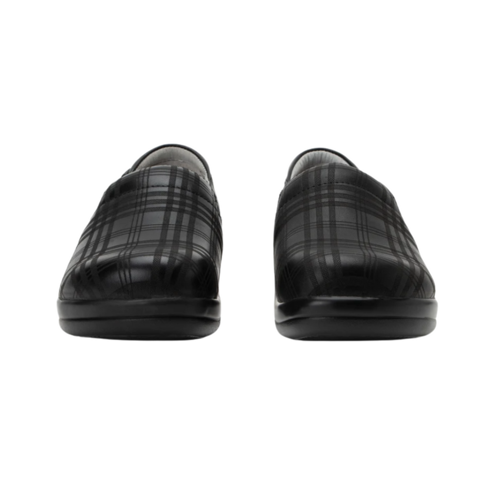 Front view of the Women’s Alegria Keli in Plaid to Meet You, showcasing the roomy toe box, twin gore panels for easy slip-on wear, and supportive work-ready design.