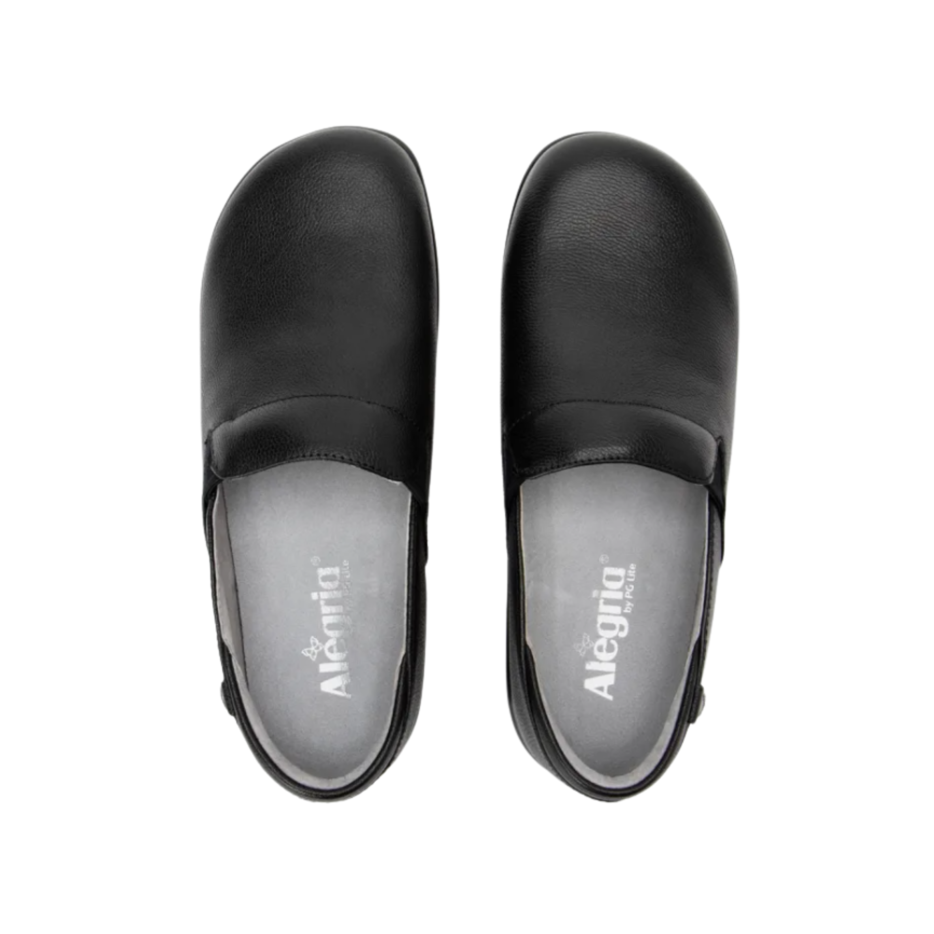 Alegria Women’s Keli Slip-On Shoe in Upgrade Black top view showcasing the textured embossed leather upper, twin elastic goring for easy on and off, removable Alegria footbed with cork, memory foam, and latex cushioning, and a spacious interior for supportive wear.