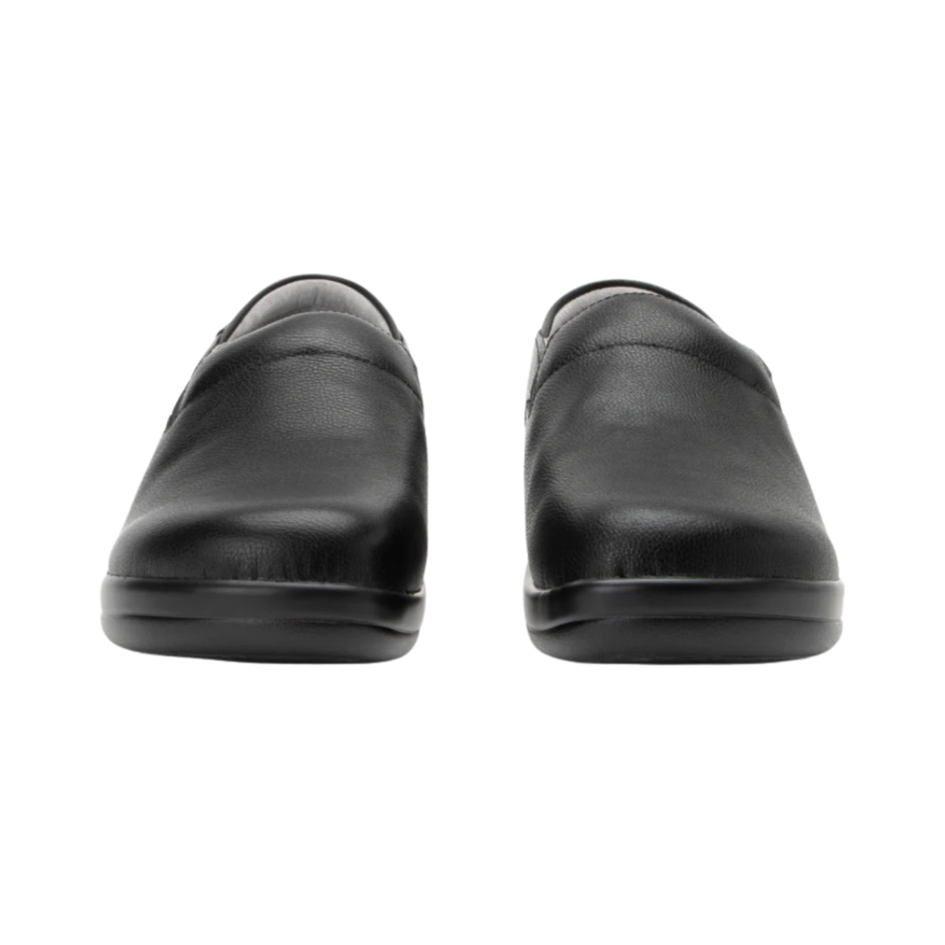Alegria Women’s Keli Slip-On Shoe in Upgrade Black front view highlighting the embossed leather upper, rounded roomy toe box, twin elastic gore panels, and polished slip-on design ideal for healthcare, culinary, and service professionals.