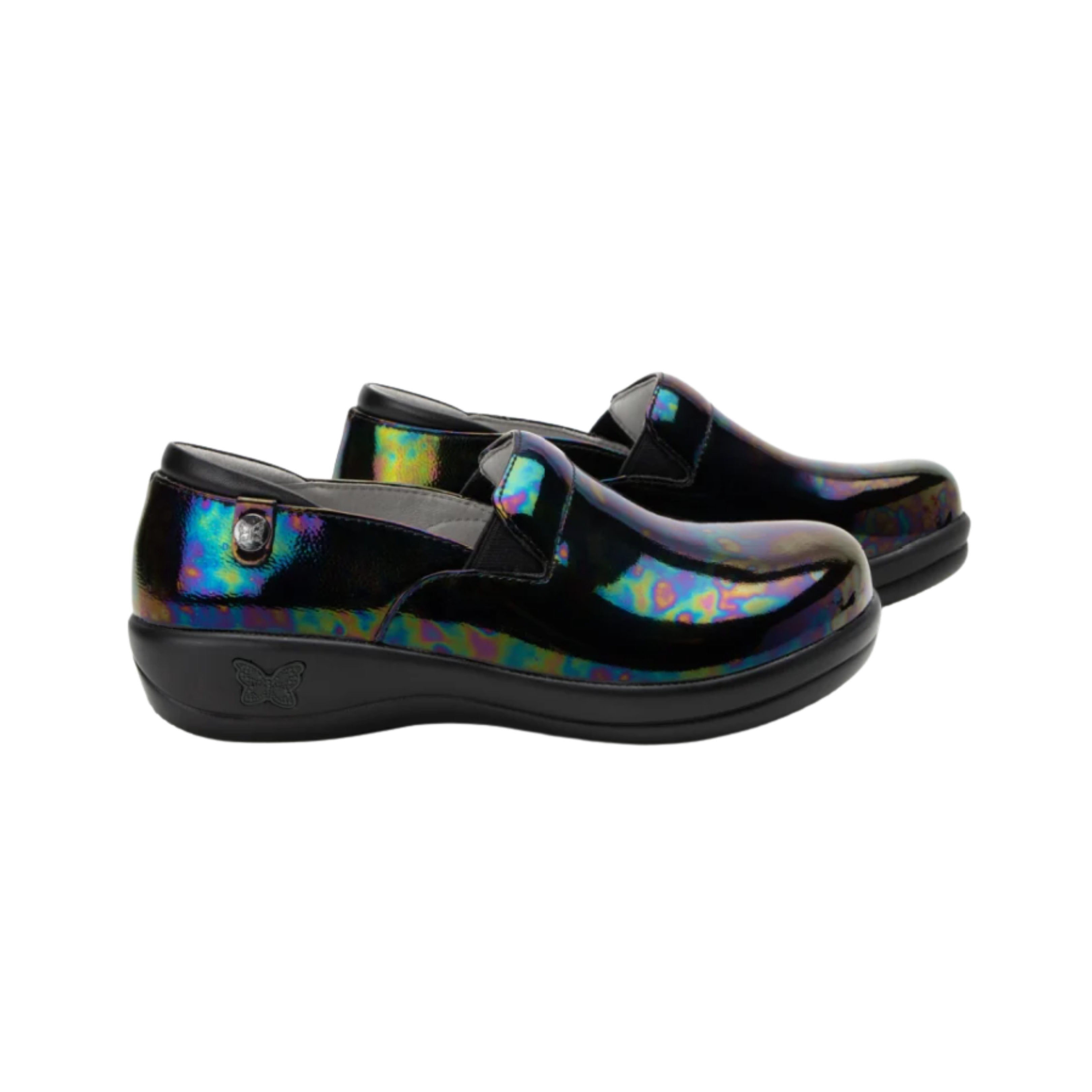 Side view of the Women’s Alegria Keli in Slickery Patent, highlighting the stain-resistant leather upper, mild rocker sole for natural motion, and slip-resistant outsole designed for long hours on your feet.