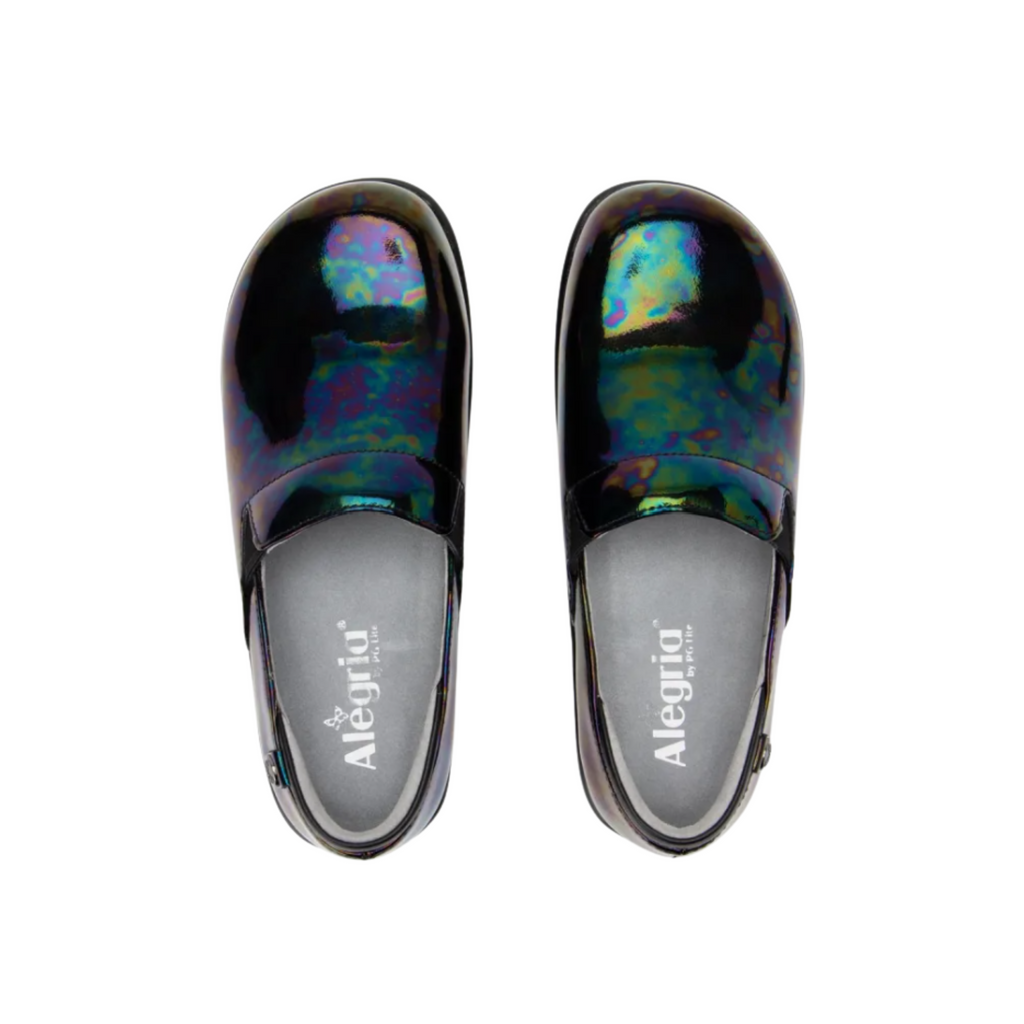Top view of the Women’s Alegria Keli in Slickery Patent, displaying the slip-on design with twin goring, cushioned removable footbed, and supportive interior for all-day comfort.