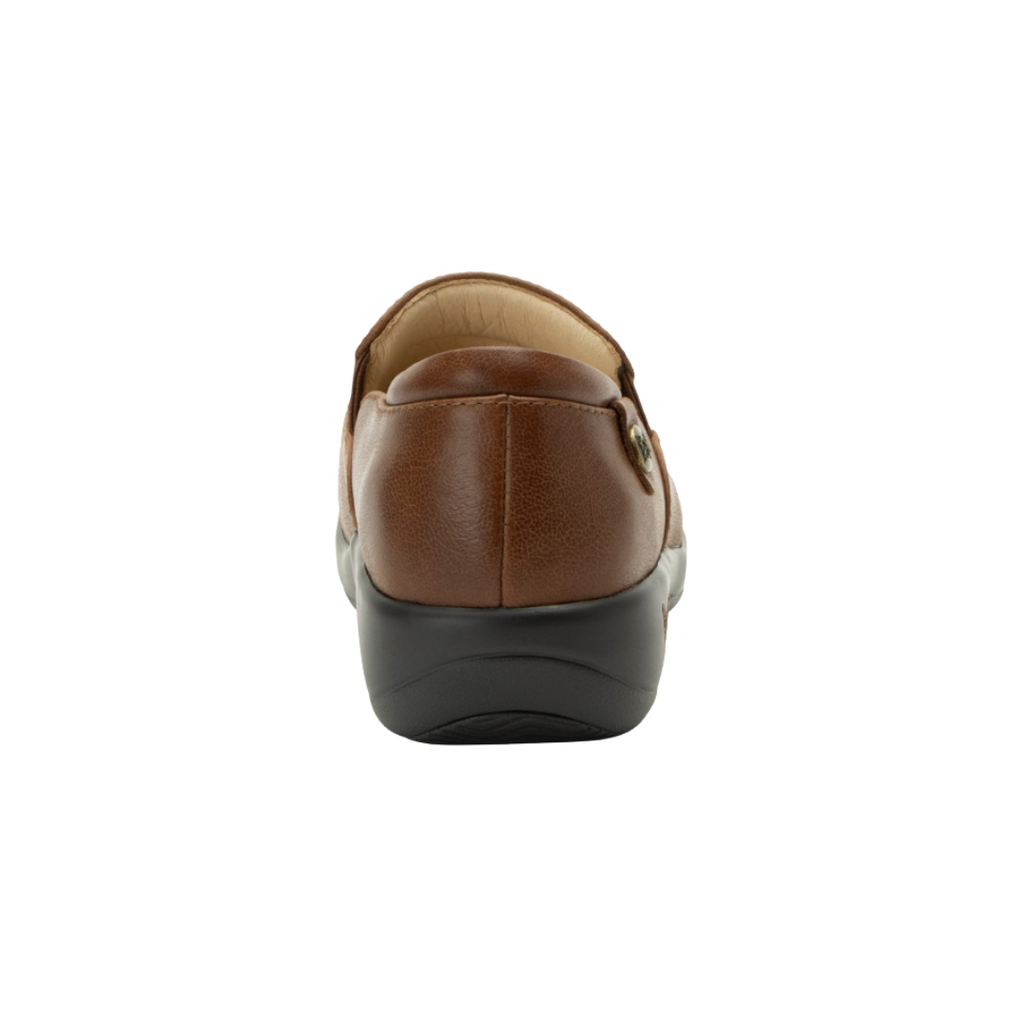 Alegria Women’s Keli Slip-On Shoe in Walnut rear heel view displaying the padded heel collar, supportive heel counter, durable leather construction, and slip-resistant outsole built to provide stability, traction, and all-day comfort during long shifts.