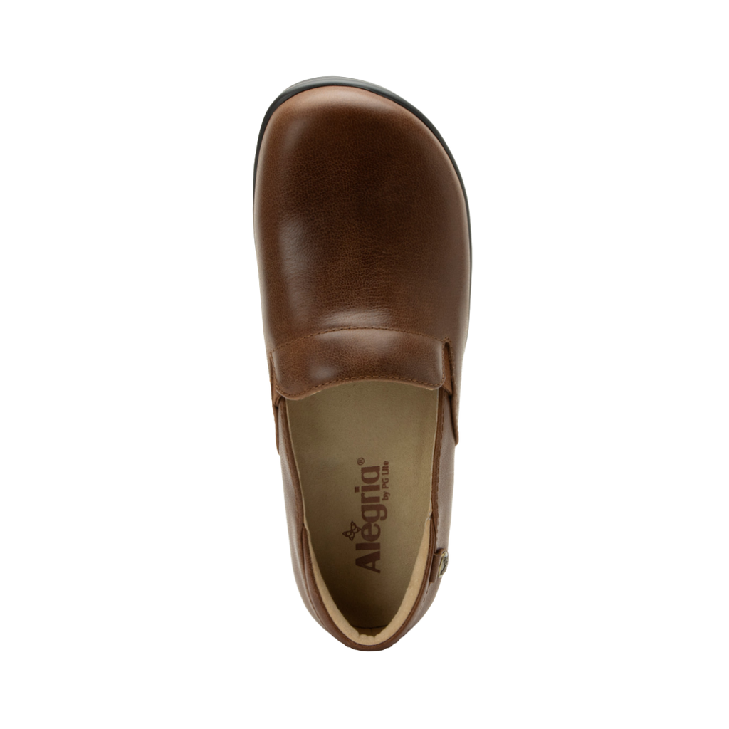 Alegria Women’s Keli Slip-On Shoe in Walnut top view showcasing the premium stain-resistant leather upper, twin elastic goring for easy on and off, removable Alegria footbed with cork, memory foam, and latex cushioning, and a spacious interior for exceptional arch support.