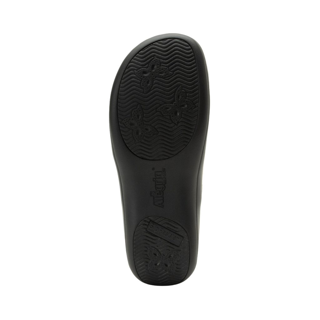 Alegria Women’s Keli Slip-On Shoe in Walnut bottom view featuring the slip-resistant outsole with mild rocker sole design engineered to provide dependable traction, encourage natural walking motion, and reduce foot and leg fatigue throughout the workday.