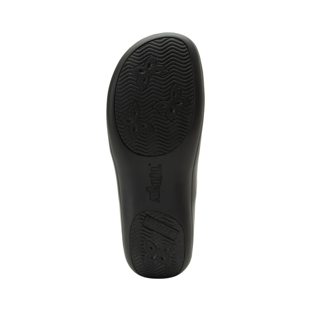 Alegria Women’s Keli Slip-On Shoe in Walnut bottom view featuring the slip-resistant outsole with mild rocker sole design engineered to provide dependable traction, encourage natural walking motion, and reduce foot and leg fatigue throughout the workday.