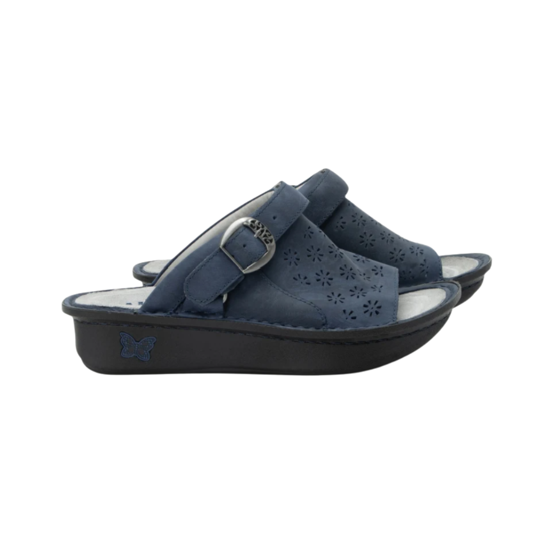 Alegria Women’s Klover Sandal in Oiled Navy side view showcasing the rich leather upper, Mary Jane-inspired silhouette, adjustable hook-and-loop strap with decorative buckle, mild rocker outsole, and supportive sandal design for all-day comfort.