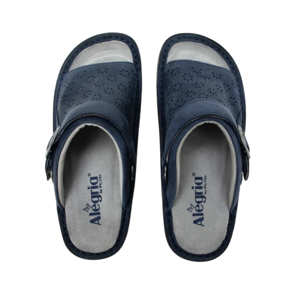Alegria Women’s Klover Sandal in Oiled Navy top view showcasing the premium leather upper, adjustable hook-and-loop strap, decorative buckle accent, ventilated open design, and removable cork-latex footbed with anatomical arch support.