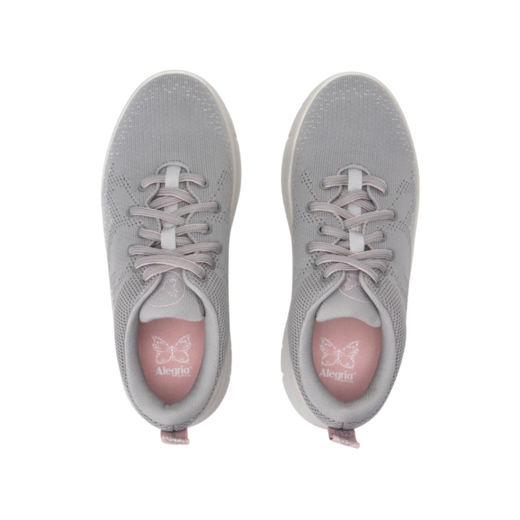 Alegria Women’s Roll On Lace-Up Sneaker in Sunset Snow top view showcasing the vibrant Dream Knit™ upper, adjustable laces, padded tongue, breathable construction, and removable Alegria footbed featuring memory foam, cork, and polyurethane cushioning.