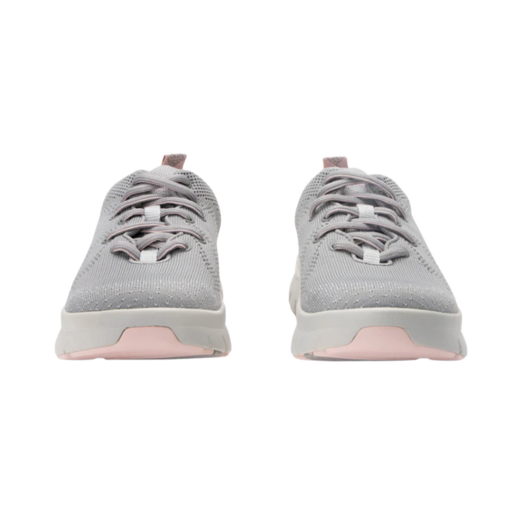 Alegria Women’s Roll On Lace-Up Sneaker in Sunset Snow front view highlighting the breathable multicolor knit toe box, flexible stretch construction, secure lace-up closure, and rounded athletic design that provides a comfortable, sock-like fit.