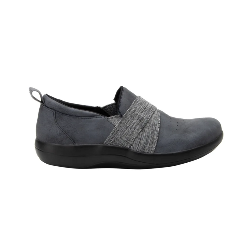 Alegria Women’s Savvie Slip-On Shoe in Cinder side view showcasing the genuine smooth leather upper, sleek low-profile silhouette, elastic twin gores, lightweight slip-resistant outsole, and supportive comfort technology designed for all-day wear.