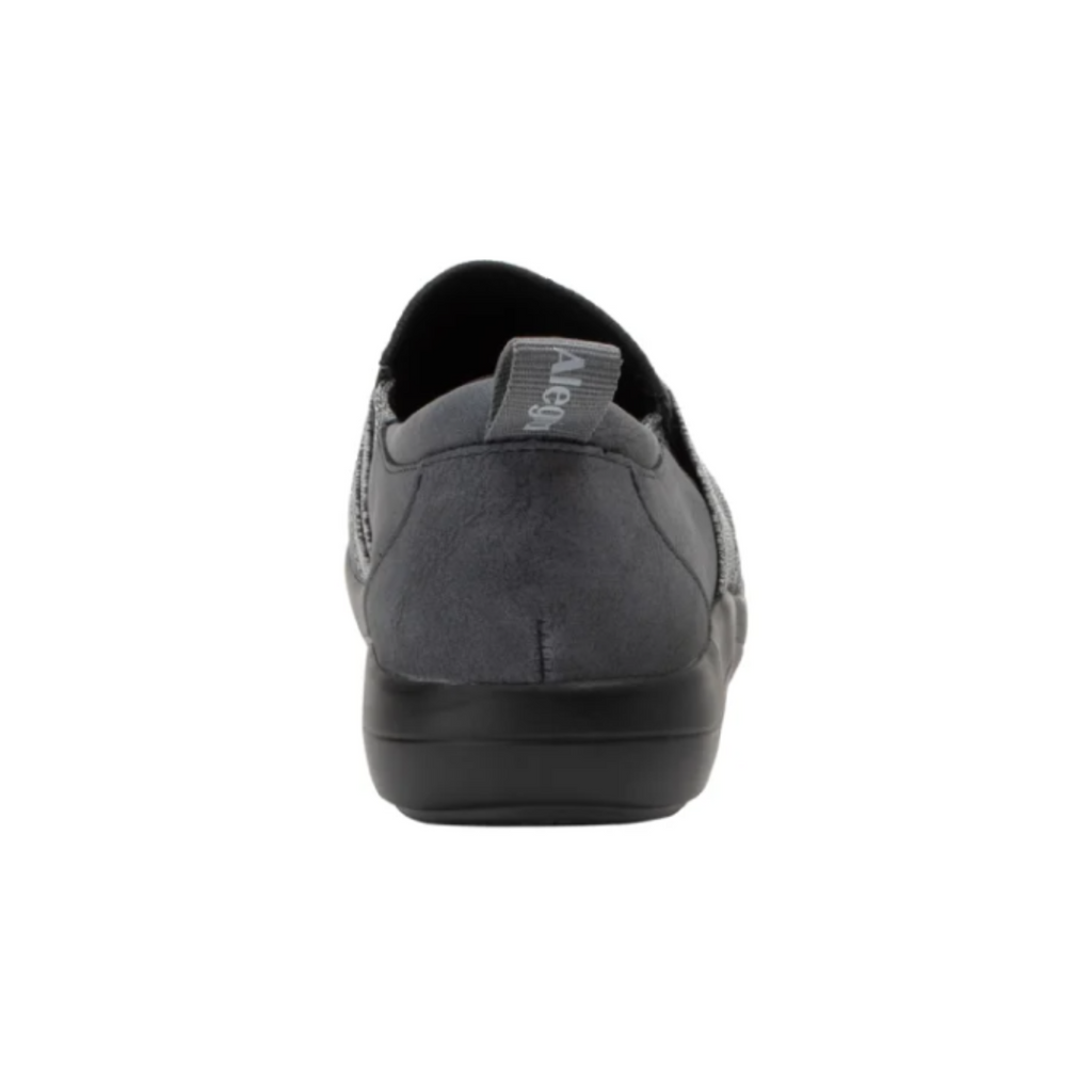 Alegria Women’s Savvie Slip-On Shoe in Cinder rear heel view displaying the supportive heel structure, breathable lining, durable leather construction, and lightweight slip-resistant outsole designed for stability and reduced foot fatigue.