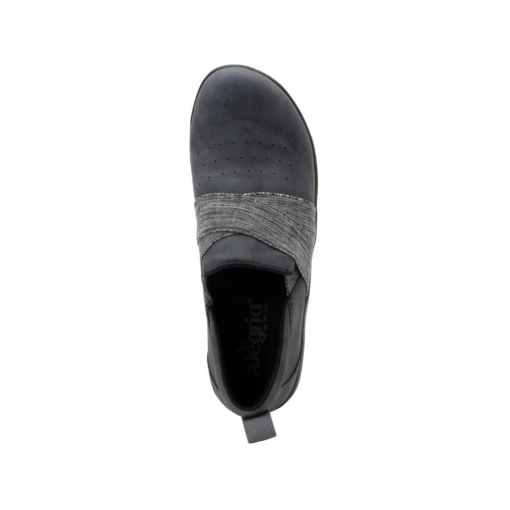 Alegria Women’s Savvie Slip-On Shoe in Cinder top view showcasing the genuine leather upper, elastic twin gore panels for a flexible fit, breathable interior lining, and removable Alegria footbed featuring memory foam, cork, and polyurethane cushioning.