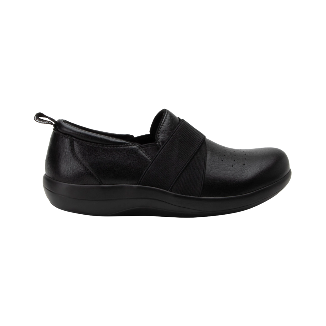 Alegria Women’s Savvie Slip-On Shoe in Black Smooth side view showcasing the genuine smooth leather upper, sleek low-profile silhouette, elastic twin gores, lightweight slip-resistant outsole, and supportive comfort technology designed for all-day wear.