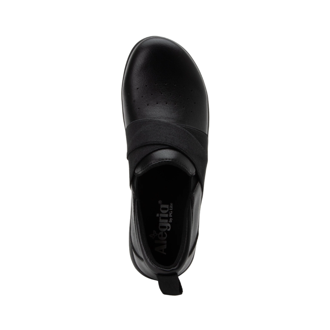 Alegria Women’s Savvie Slip-On Shoe in Black Smooth top view showcasing the genuine leather upper, elastic twin gore panels for a flexible fit, breathable interior lining, and removable Alegria footbed featuring memory foam, cork, and polyurethane cushioning.