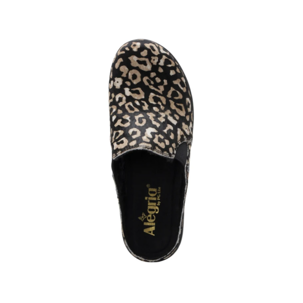 Top view of the Women’s Alegria Sereniti in Tundra, displaying the dual elastic side goring, cushioned footbed, and soft lining for enhanced comfort.