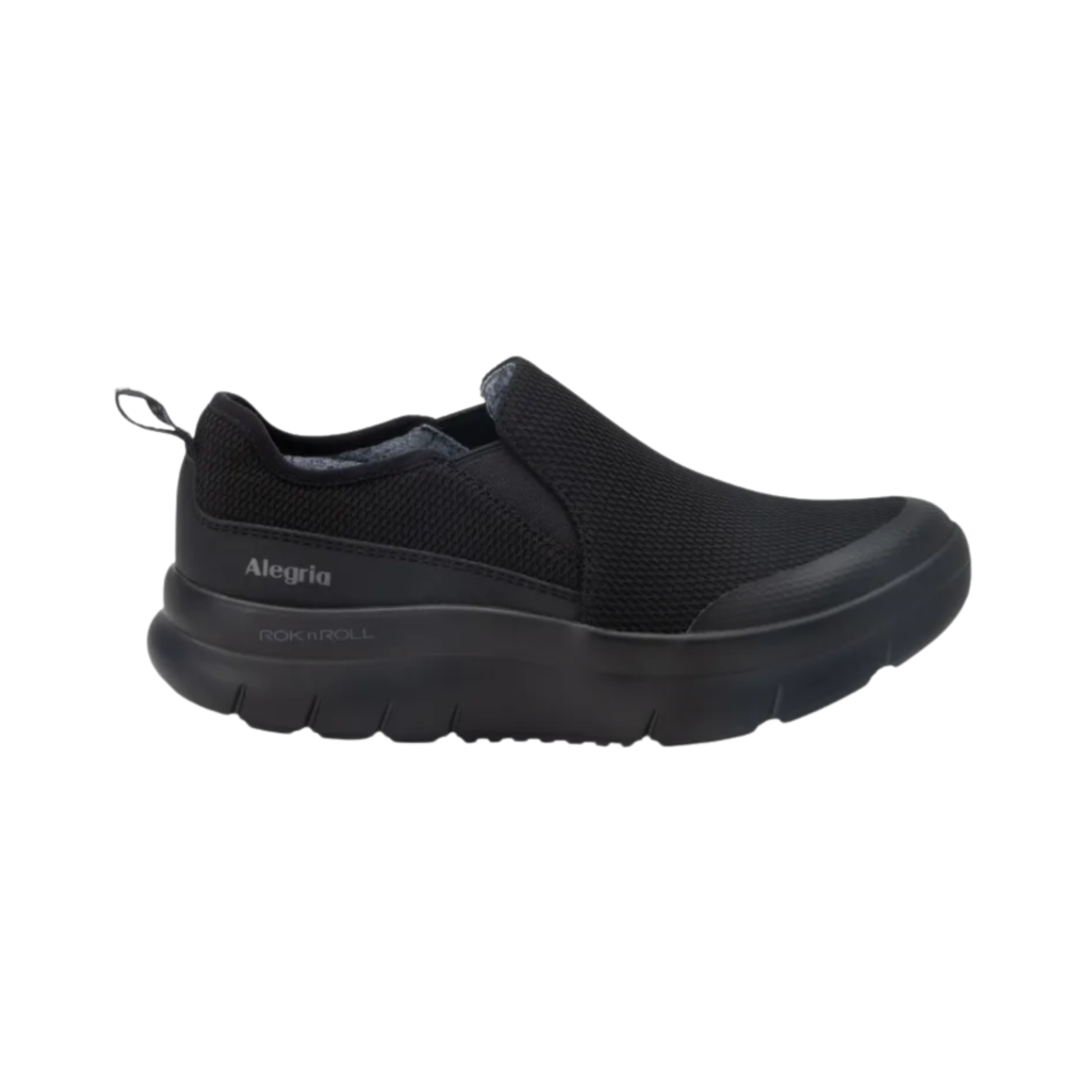 Alegria Women’s Shift Lead Slip-On Athletic Shoe in Black Mesh side view showcasing the breathable mesh upper, lightweight slip-on design, cushioned EVA midsole, padded interior, and slip-resistant rubber outsole built for all-day professional comfort and support.