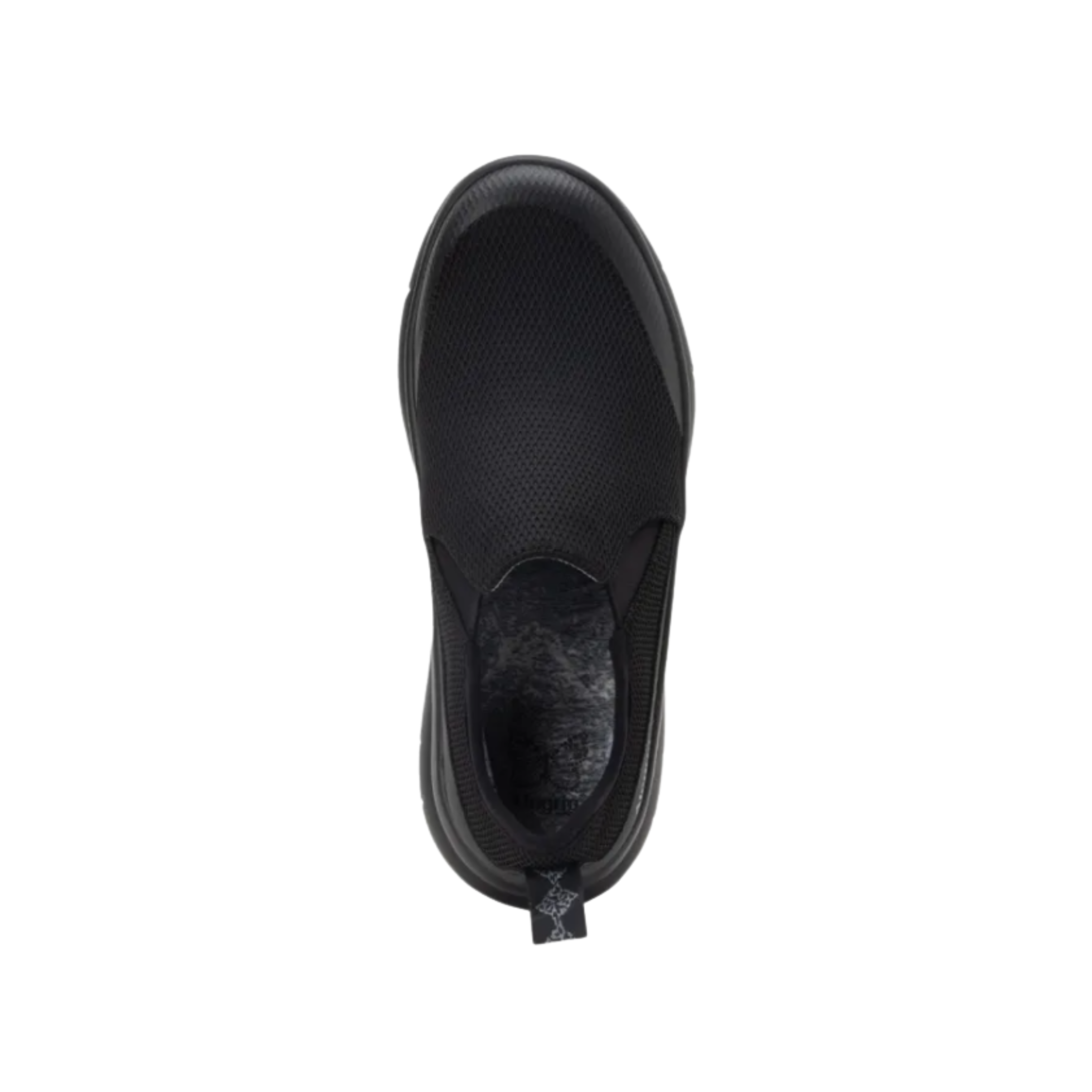 Alegria Women’s Shift Lead Slip-On Athletic Shoe in Black Mesh top view showcasing the breathable mesh upper, easy slip-on opening, padded interior lining, and removable cushioned footbed designed for arch support and shock absorption.