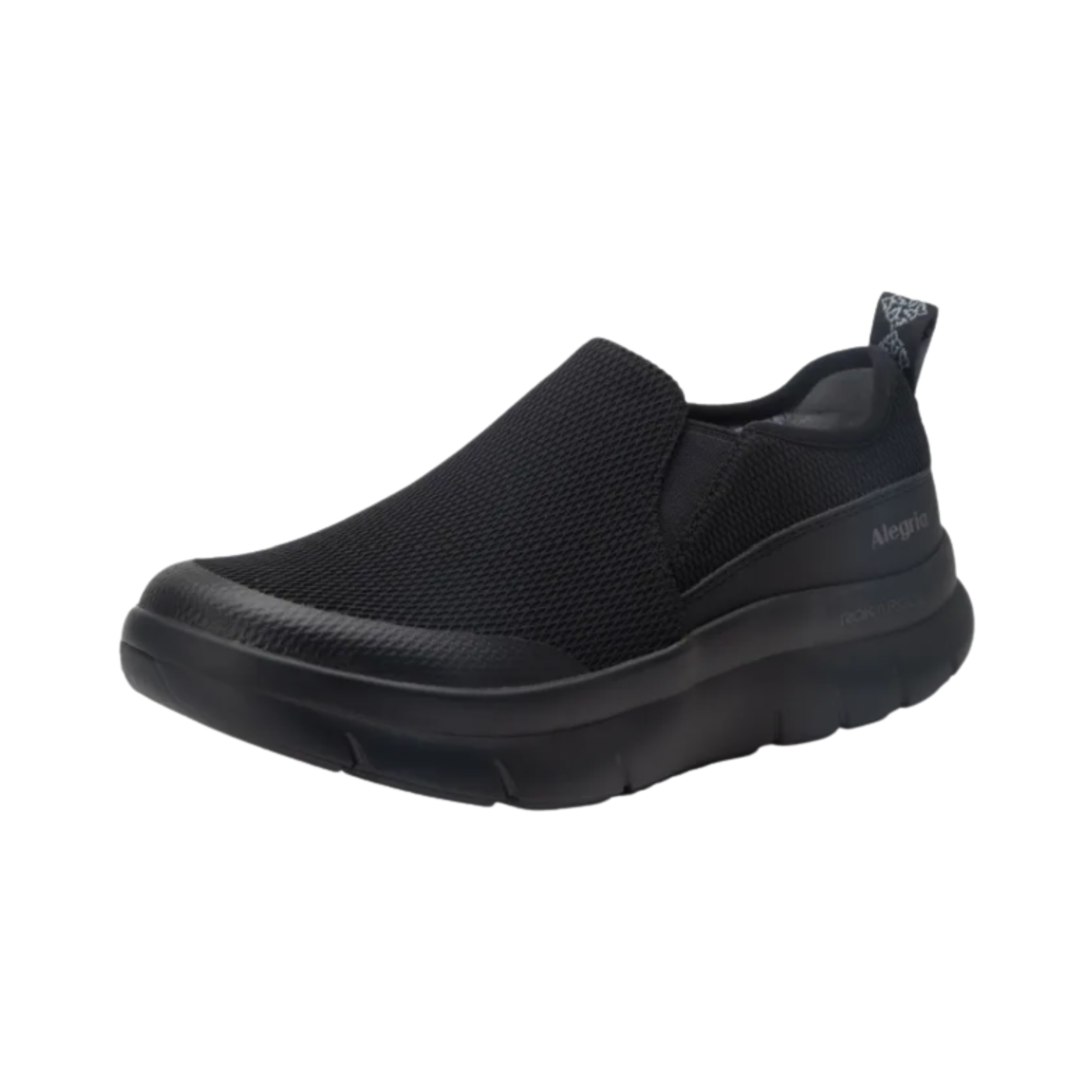 Alegria Women’s Shift Lead Slip-On Athletic Shoe in Black Mesh side view showcasing the breathable mesh upper, lightweight slip-on design, cushioned EVA midsole, padded interior, and slip-resistant rubber outsole built for all-day professional comfort and support.
