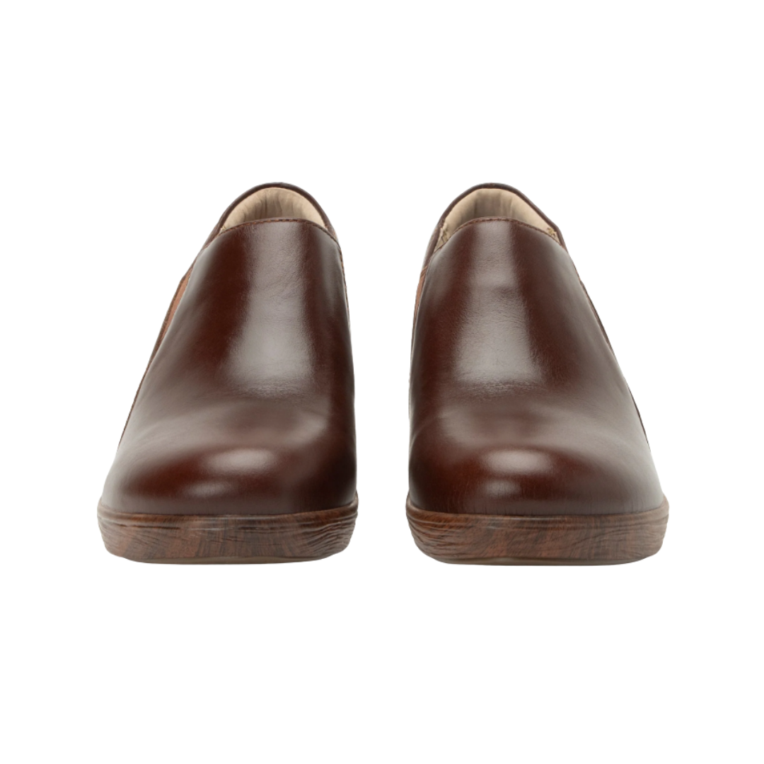 Alegria Women’s Skylar Slip-On Shoe in Mahogany front view highlighting the smooth mahogany leather toe box, rounded forefoot design, easy slip-on opening, and versatile professional-casual style with a comfortable, supportive fit.
