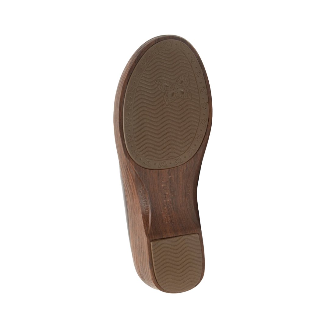 Alegria Women’s Skylar Slip-On Shoe in Mahogany bottom view featuring the lightweight rocker outsole with slip-resistant rubber traction designed to promote natural walking motion, enhance stability, and help reduce pressure on joints and feet.