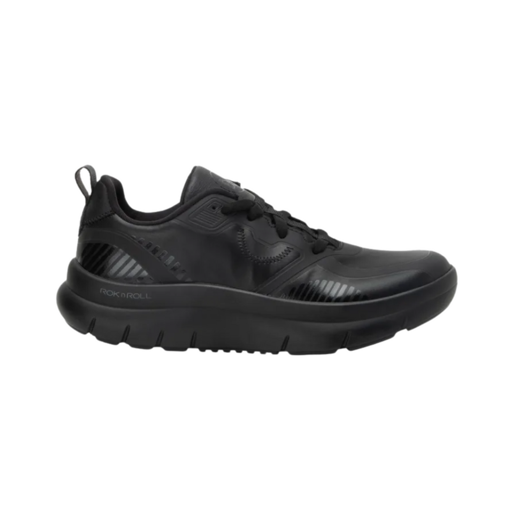 Side view of the Women’s Alegria Solstyce in Black Out, highlighting the breathable mesh upper, lace-up closure, and sleek athletic silhouette designed for all-day comfort and support.