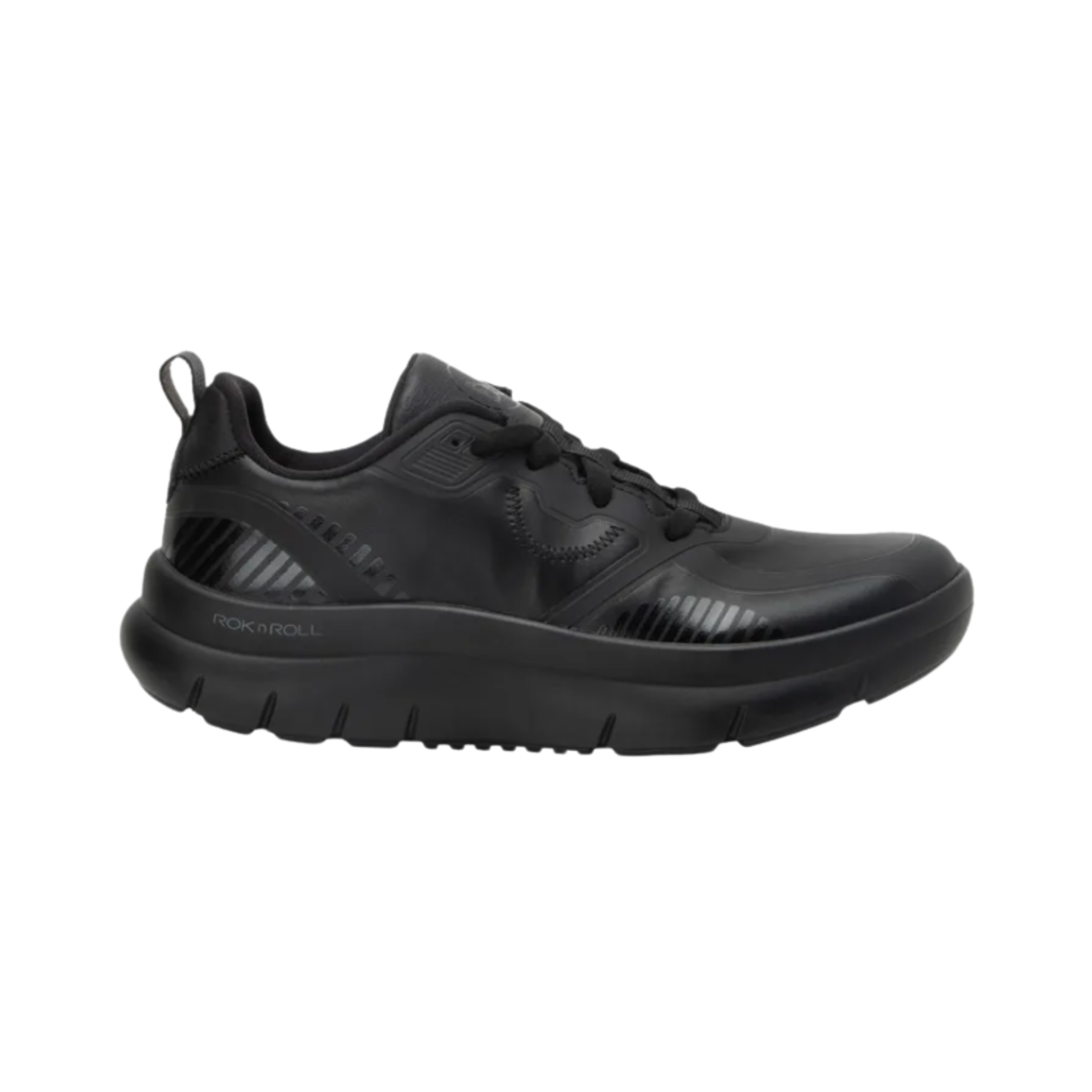 Side view of the Women’s Alegria Solstyce in Black Out, highlighting the breathable mesh upper, lace-up closure, and sleek athletic silhouette designed for all-day comfort and support.