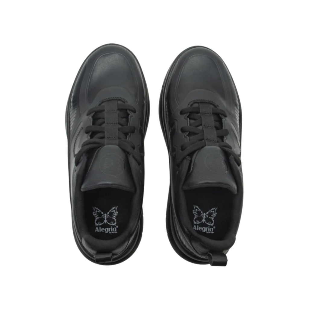 Top view of the Women’s Alegria Solstyce in Black Out, displaying the lace-up design, padded collar, and the removable Alegria footbed for arch support and impact cushioning.