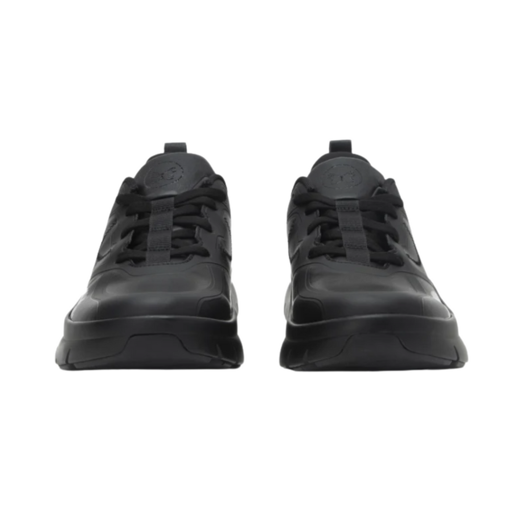 Front view of the Women’s Alegria Solstyce in Black Out, showcasing the rounded toe box, lace-up fit, and padded tongue for cushioned support.
