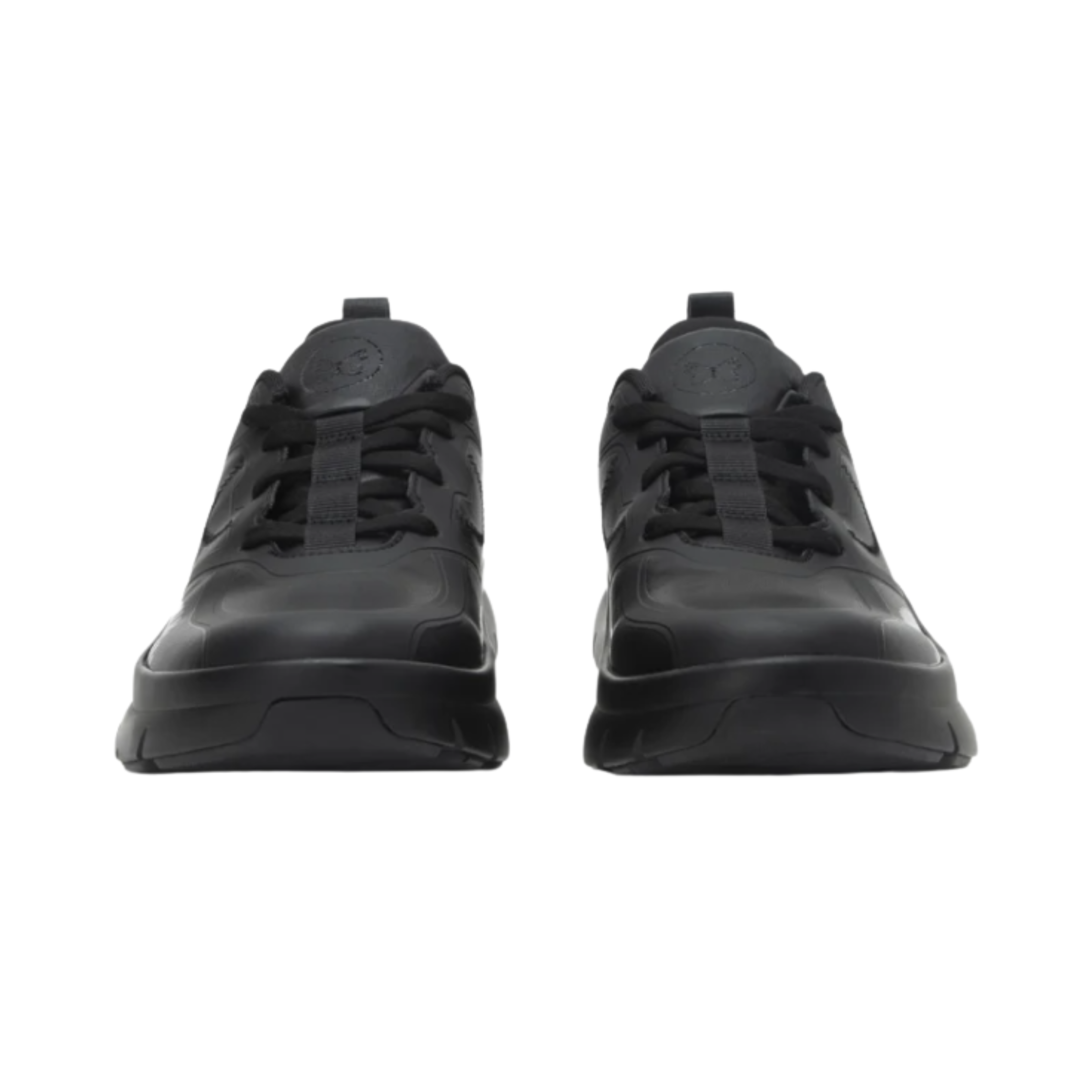 Front view of the Women’s Alegria Solstyce in Black Out, showcasing the rounded toe box, lace-up fit, and padded tongue for cushioned support.