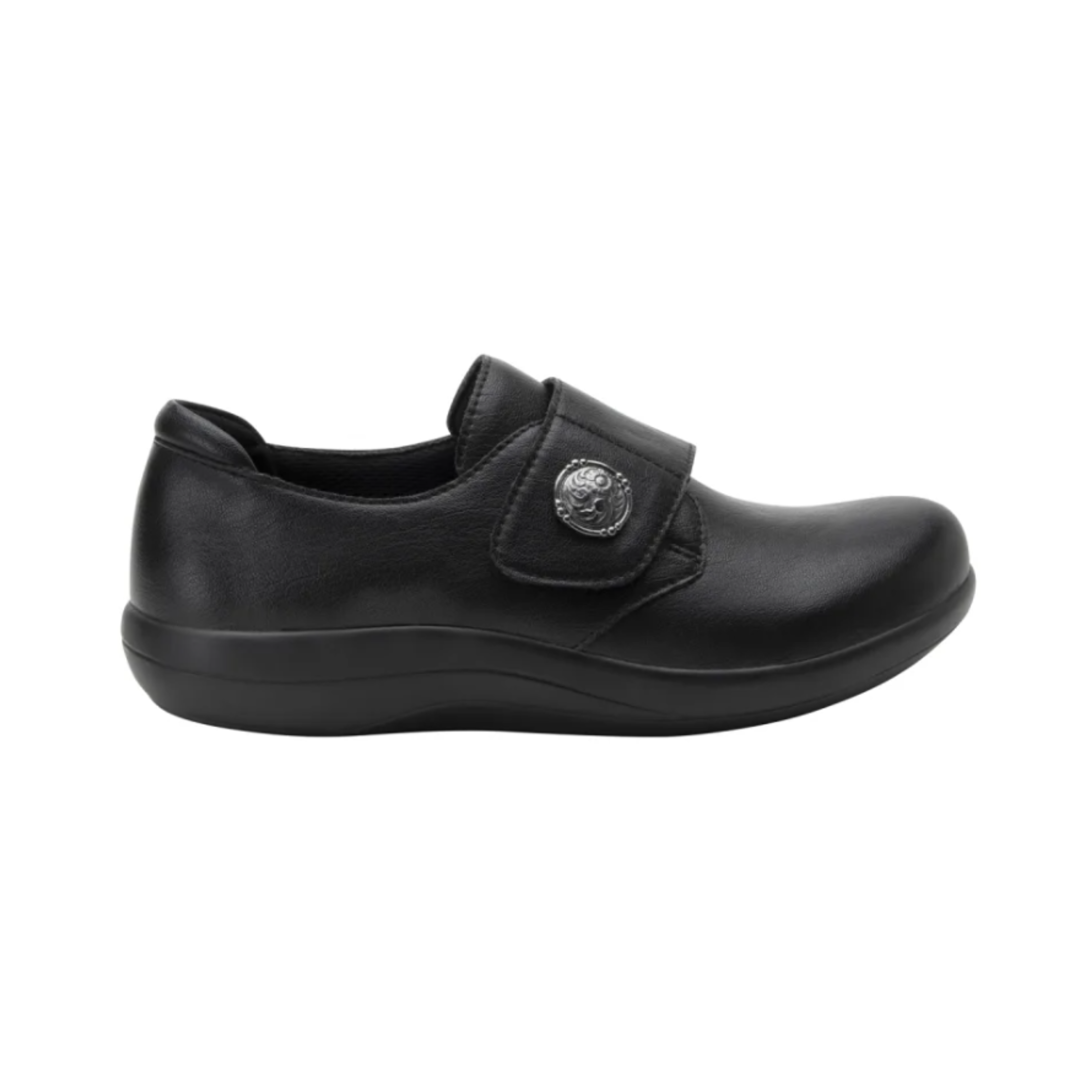 Alegria Women’s Spright Slip-On Shoe in Black Smooth side view showcasing the premium smooth upper, Dream Fit® knit fabric panels, elastic stretch slip-on design, lightweight construction, mild rocker sole, and slip-resistant outsole for comfortable everyday support.