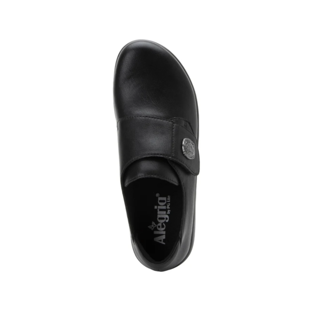Alegria Women’s Spright Slip-On Shoe in Black Smooth top view showcasing the premium smooth upper, breathable Dream Fit® knit panels, elastic stretch opening for easy on and off, cushioned interior, and removable footbed designed for arch support and custom orthotic compatibility.