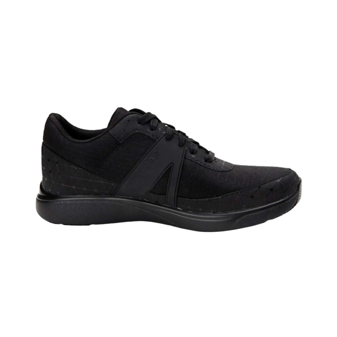 Side view of the Women’s Alegria TRAQ Qarma in Black Swell, highlighting the breathable mesh and synthetic upper, lightweight athletic design, and supportive slip-resistant outsole built for walking and all-day wear.