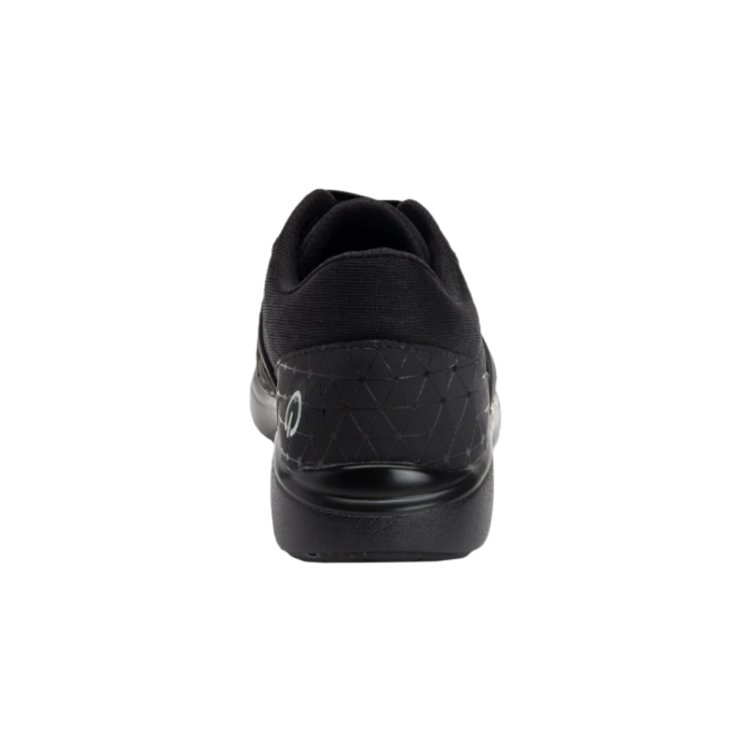 Heel view of the Women’s Alegria TRAQ Qarma in Black Swell, featuring the padded collar, supportive heel structure, and slip-resistant outsole designed for stability and comfort.
