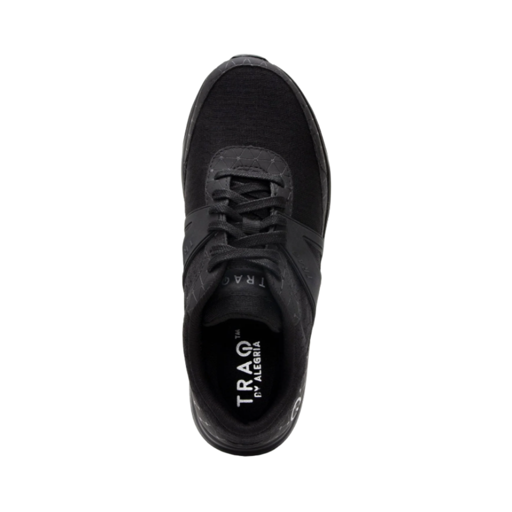 Top view of the Women’s Alegria TRAQ Qarma in Black Swell, displaying the lace-up design, cushioned removable Alegria footbed with memory foam, cork, and polyurethane, and breathable mesh upper.