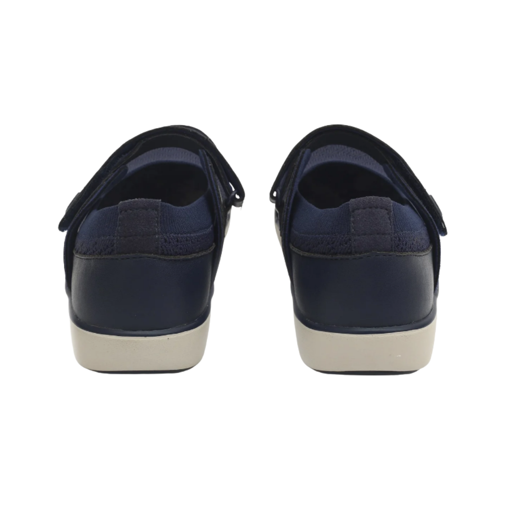 Alegria Women’s TRAQ Qutie Slip-On Shoe in Blue Multi rear heel view displaying the ribbed collar, supportive heel construction, flexible knitted upper, and lightweight polyurethane outsole designed for shock absorption, stability, and reduced heel pressure.