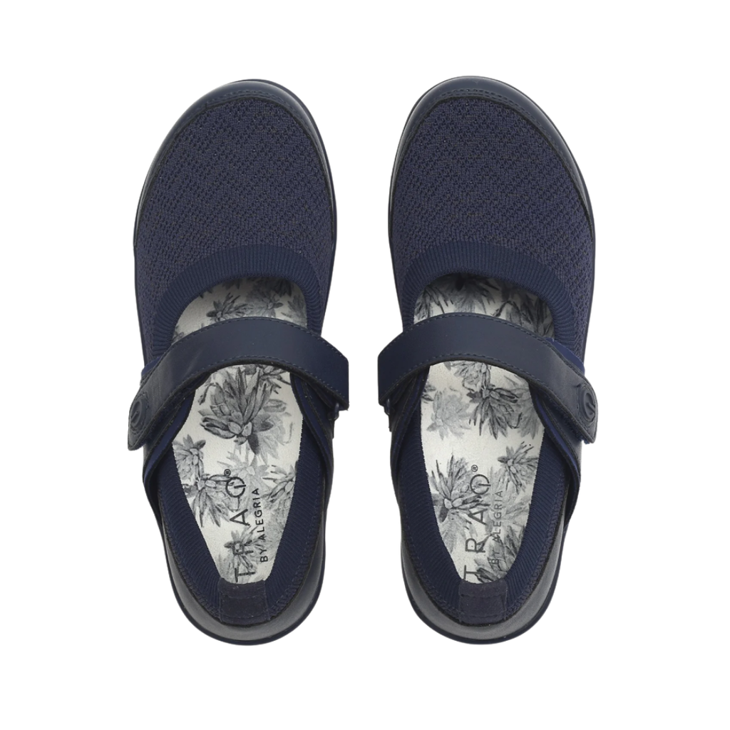 Alegria Women’s TRAQ Qutie Slip-On Shoe in Blue Multi top view showcasing the Dream Fit® knitted textile upper, adjustable hook-and-loop strap, breathable stretch construction, removable washable insole, and comfortable interior designed to accommodate custom orthotics.