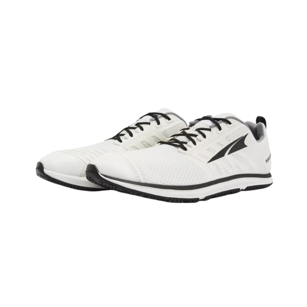 Altra Men’s Solstice XT 2 Cross-Training Shoe in White side view showcasing the breathable athletic upper, zero drop platform, foot-shaped toe box, dual-density midsole, and durable rubber outsole designed for stability, natural movement, and versatile workout performance.