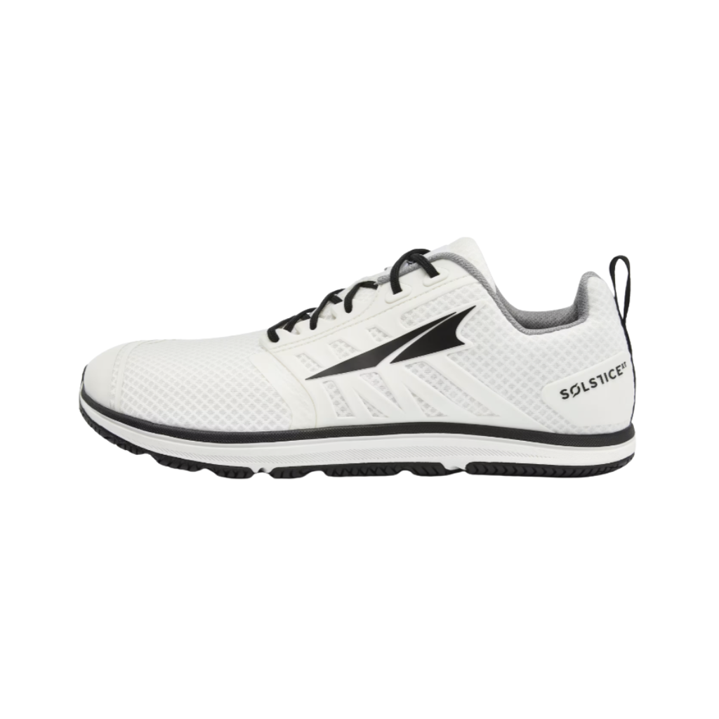 Altra Men’s Solstice XT 2 Cross-Training Shoe in White side view showcasing the breathable athletic upper, zero drop platform, foot-shaped toe box, dual-density midsole, and durable rubber outsole designed for stability, natural movement, and versatile workout performance.