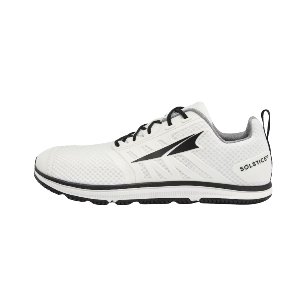 Altra Men’s Solstice XT 2 Cross-Training Shoe in White side view showcasing the breathable athletic upper, zero drop platform, foot-shaped toe box, dual-density midsole, and durable rubber outsole designed for stability, natural movement, and versatile workout performance.