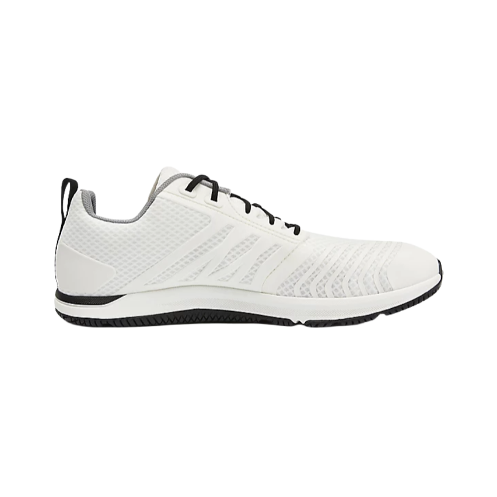 Altra Men’s Solstice XT 2 Cross-Training Shoe in White side view showcasing the breathable athletic upper, zero drop platform, foot-shaped toe box, dual-density midsole, and durable rubber outsole designed for stability, natural movement, and versatile workout performance.
